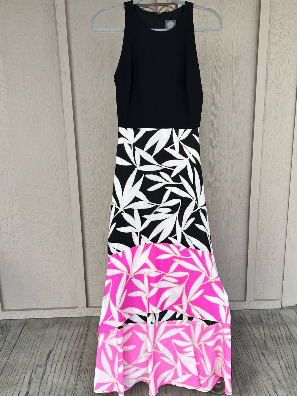 Vince Camuto Dress Cocktail Tropical High Low Tiered Sleeveless Pink Blk White 8